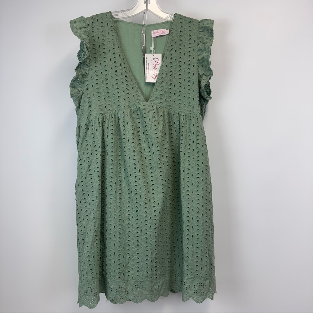 Pink Lily Green Babydoll Sleeveless Eyelet Dress Size Large NWT‎
